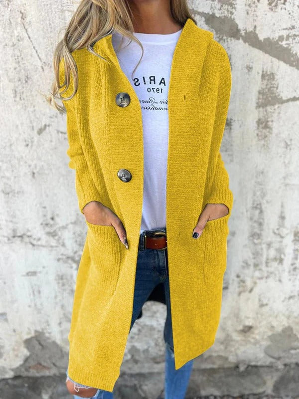 Sahana - Elegant Long Casual Knitted Hooded Cardigan with Buttons