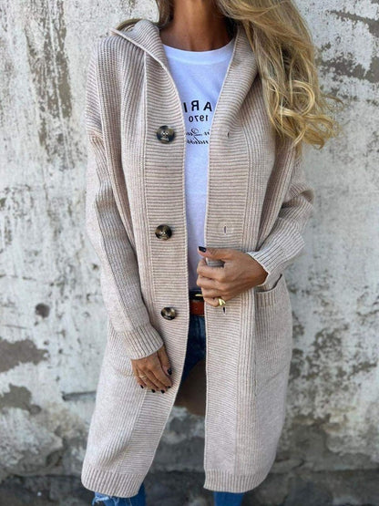Sahana - Elegant Long Casual Knitted Hooded Cardigan with Buttons