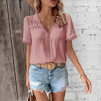 Mia - Stylish v-neck short sleeve lace blouse