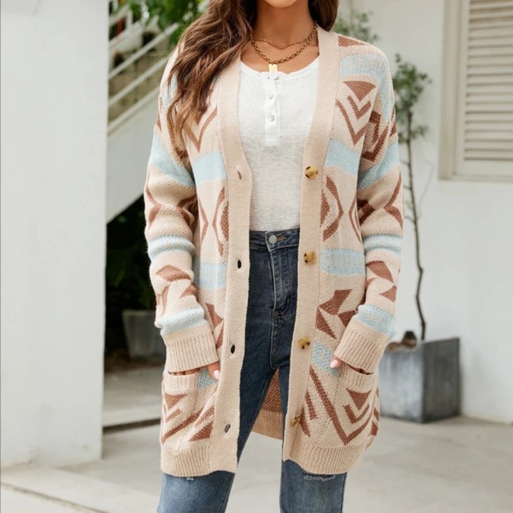 Sheily - Stylish patterned button-up long cardigan
