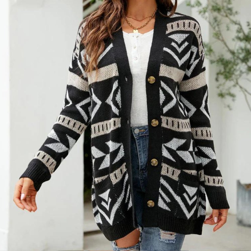 Sheily - Stylish patterned button-up long cardigan