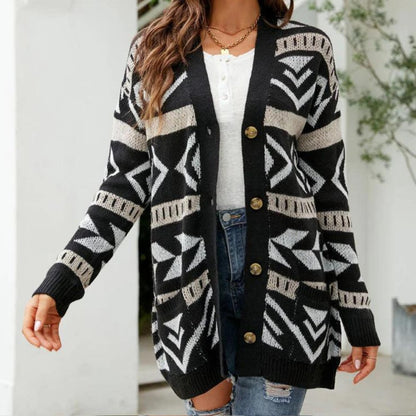 Sheily - Stylish patterned button-up long cardigan