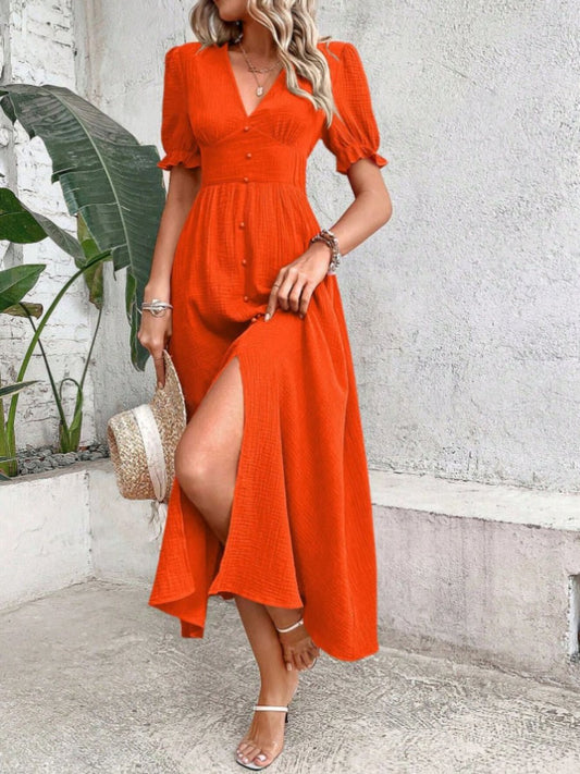 Breanna - Elegant short-sleeve dress with ruffles and deep V-neckline