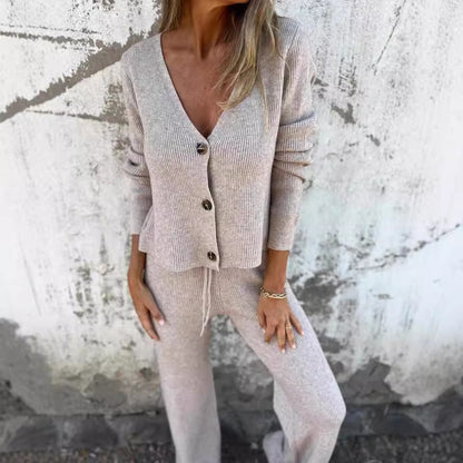 Zorina - Casual knitted V-neck button cardigan & pants set