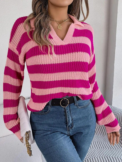 Lizeth - Striped ribbed knitted v-neck sweater
