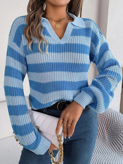 Lizeth - Striped ribbed knitted v-neck sweater
