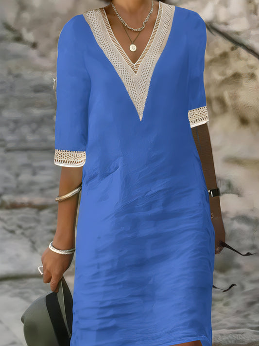 Women's Boho Summer Tunic Dress | Crochet Trim, 3/4 Sleeve