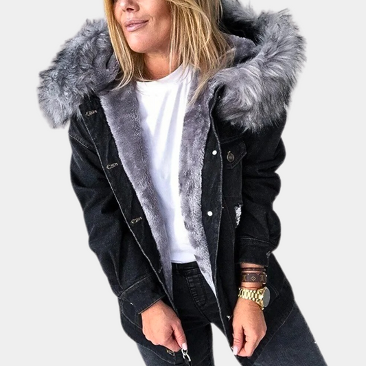Zoya - Stylish loose fur hood denim jacket